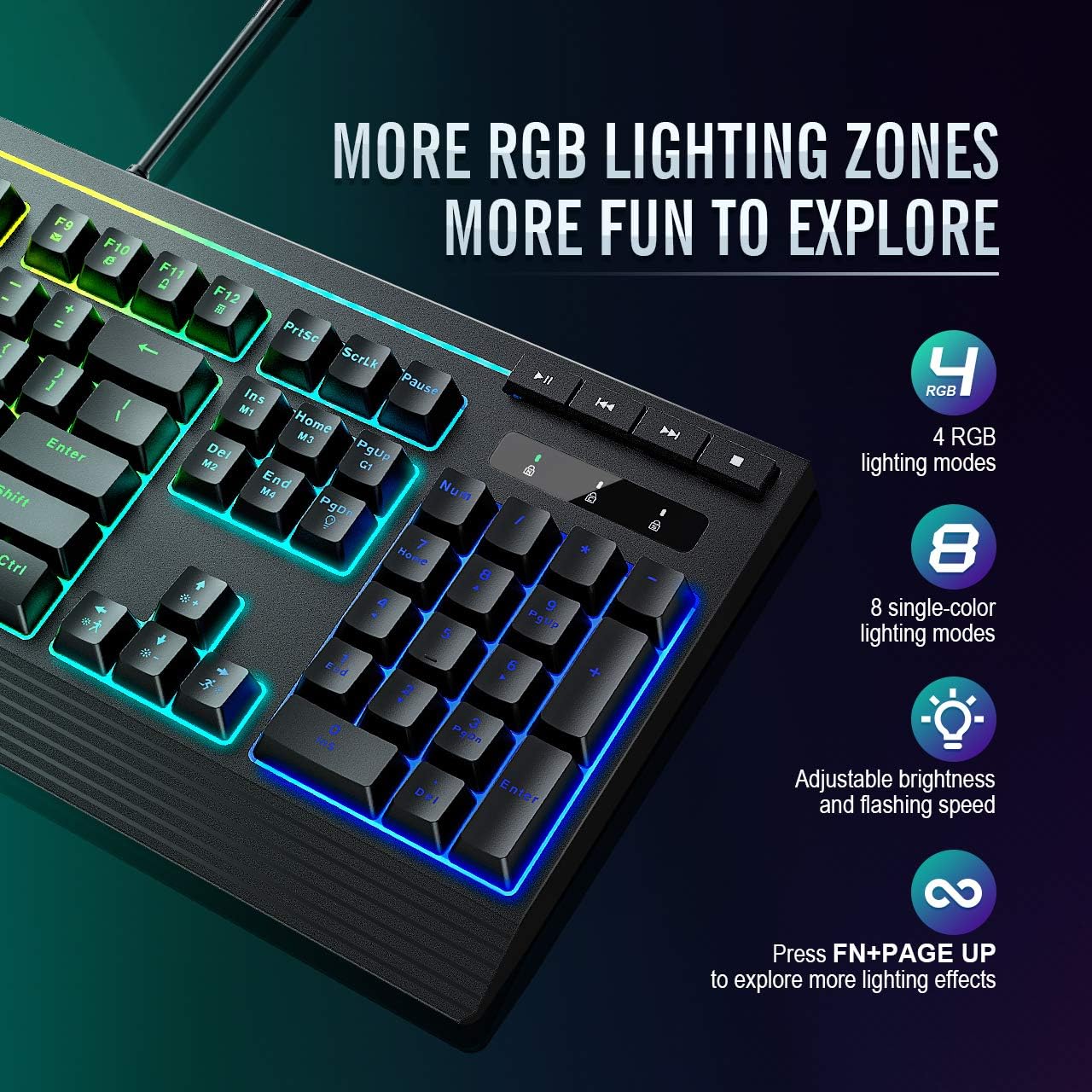 PICTEK RGB Gaming Keyboard, 8 Individual Multimedia Keys, Wired Adjustable Backlight Keyboard with Non-Fading Keycaps, 25 Keys Anti-ghosting, Splash-Proof, Ideal for Windows Mac Gaming: Computers & Accessories