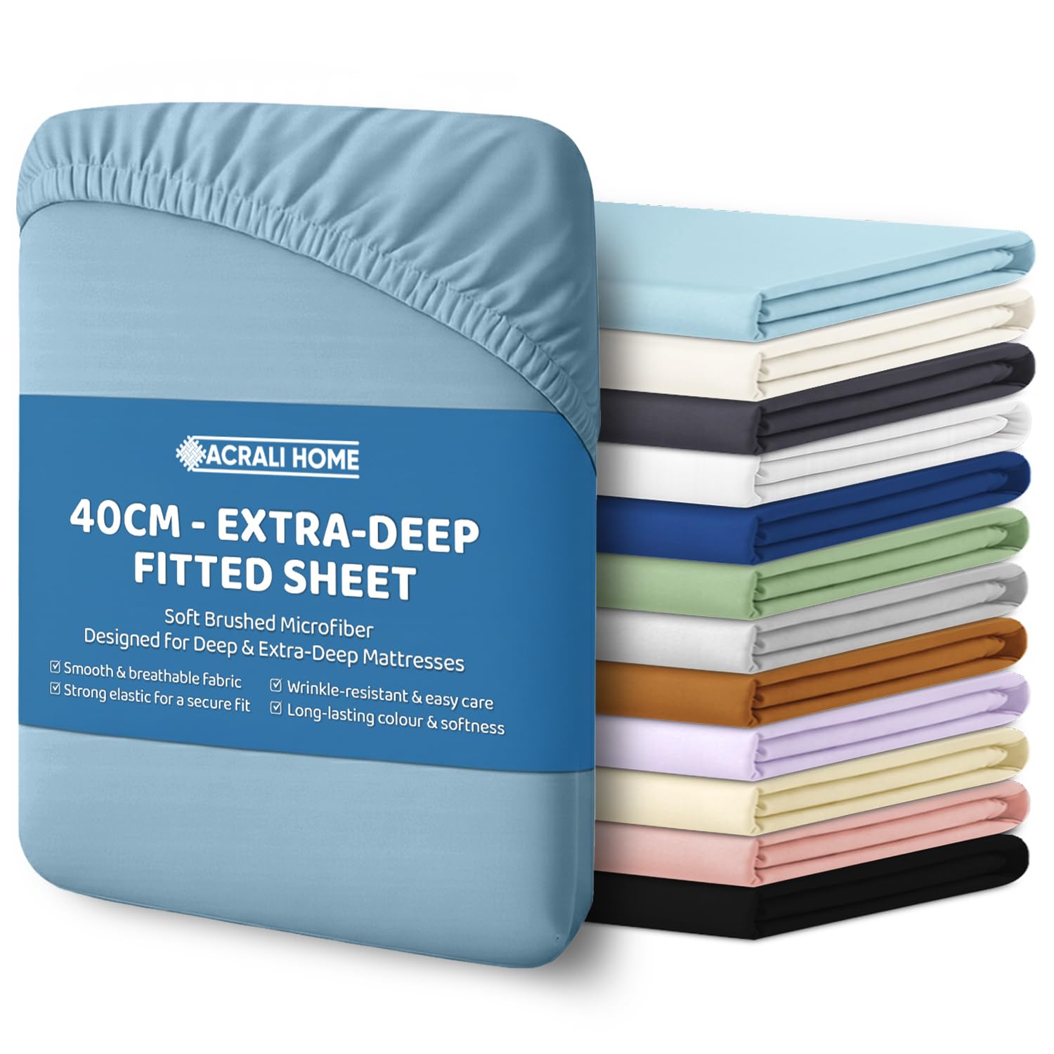 ACRALI HOME King Fitted Sheet - Sky Blue Bottom Sheet for King Bed with 40cm Extra Deep Fit Pocket- Hotel Quality Soft Microfiber Bedsheet - Breathable, Shrinkage and Fade Resistant