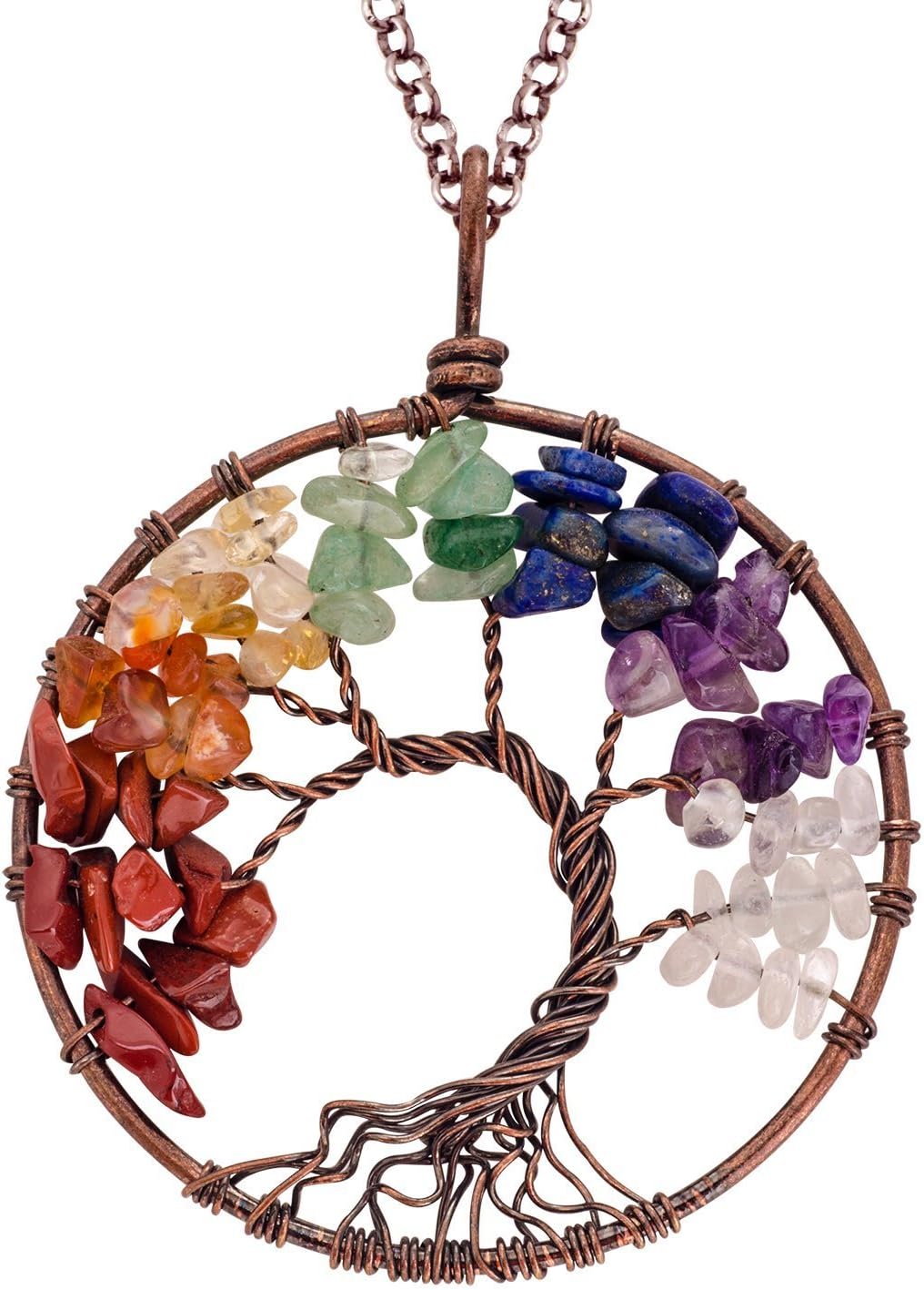 POKICH Tree of Life Pendant Amethyst Rose Crystal Necklace Gemstone Chakra Jewelry for Women