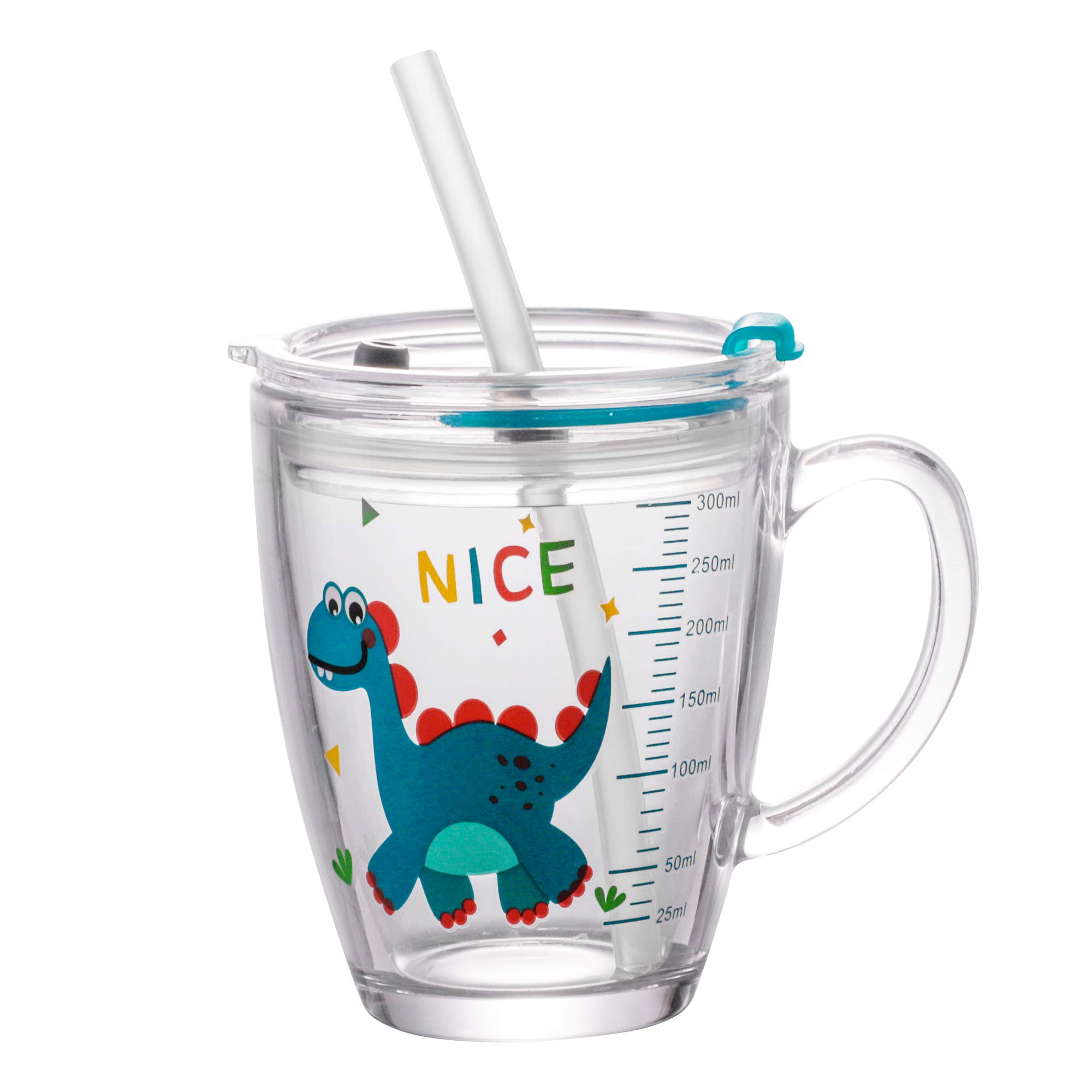 Qchomee Kids Tempered Glass Cups Milk Measure Cup with Straws and Lids Dinosaur Giraffe 350ML Scale Measure Mug Heat-Resistant Leakproof Tempered Glass Water Cup for Hot Milk, Iced Juice