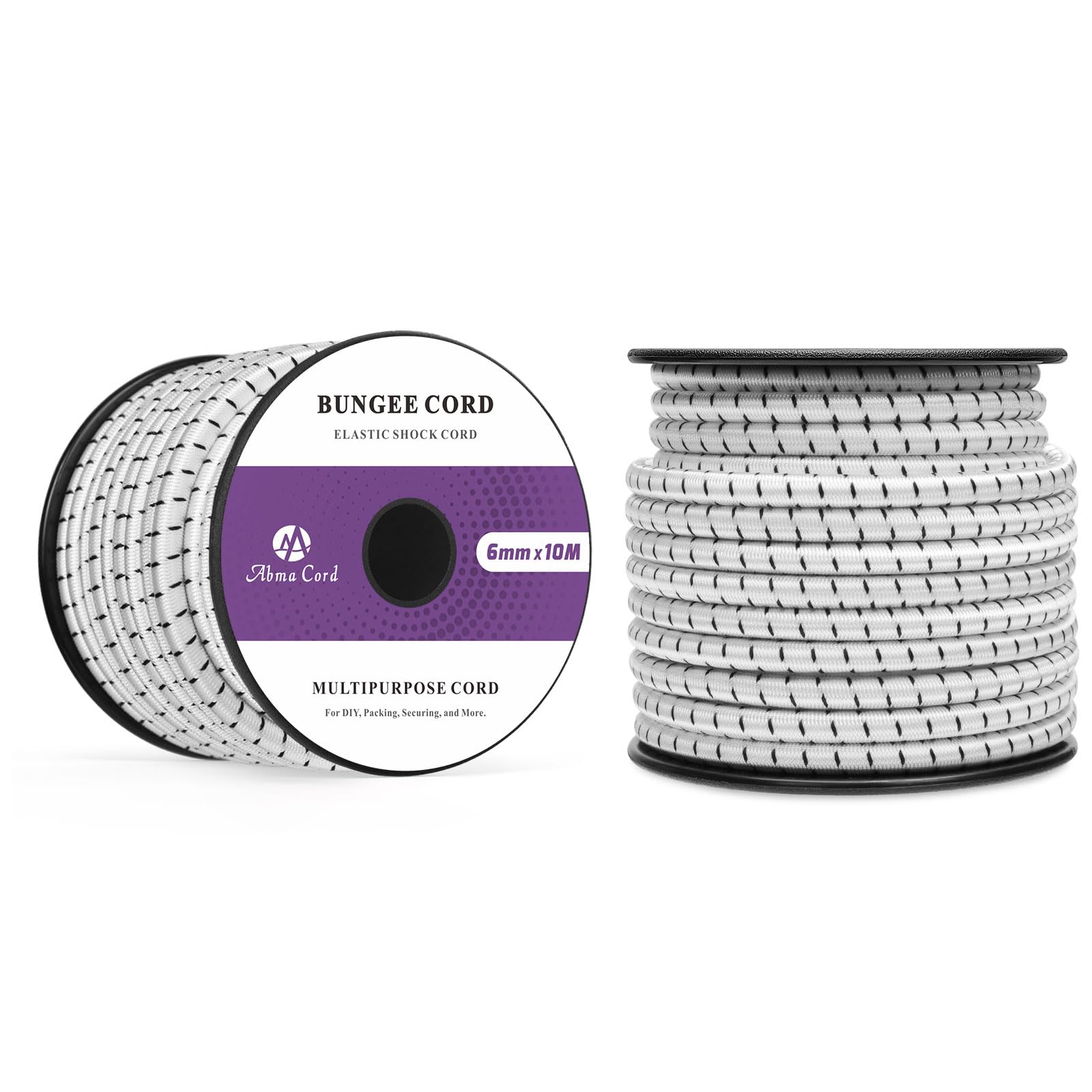 Abma Cord Bungee Cord 6mm 10M Elastic Shock Cord 100% Stretch Elastic Bungee Rope for Tarpaulin, Trailer, Backpack, Tent Pole, Kayak - White&Black