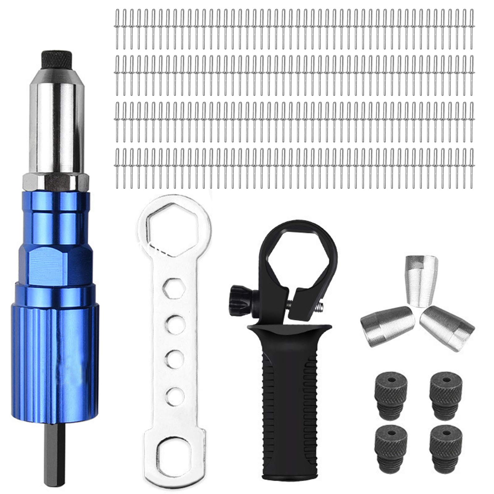 Opaltool Electric Rivet Gun Adapter with Non-Slip Handle for Cordless Drill Electric Drill Tool Riveter Adapter Riveting Insert Nut Hand Power Tool (Electric Rivet Gun Adapter & 200 Rivets)