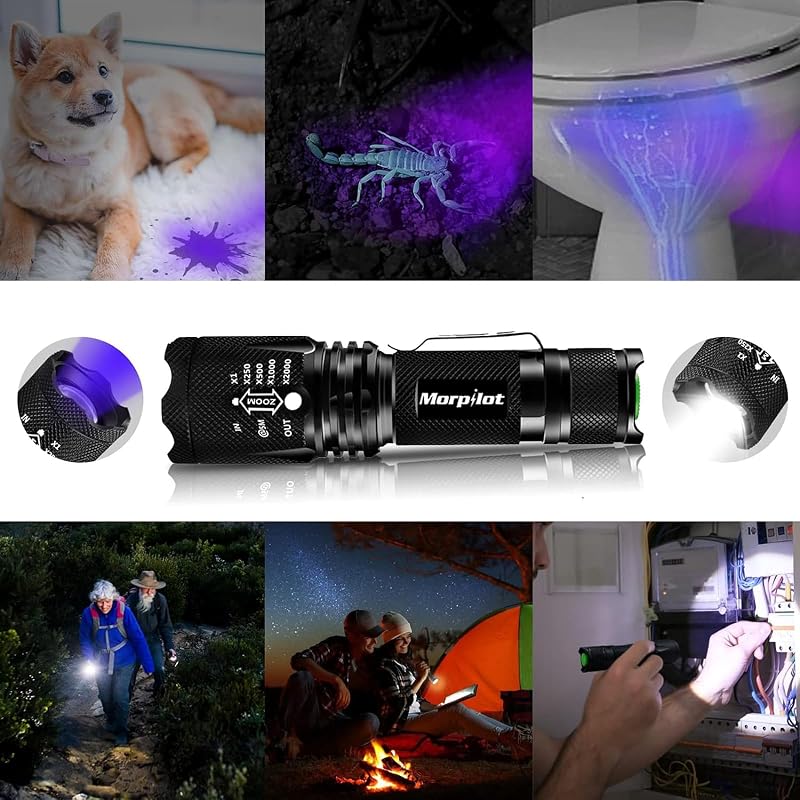 Lampe Torche 2 EN 1, Torche UV 395nm & 500LM LED Puissante, 4 Modes & Zoomable Lampe de Wood Ultraviolet, Détecteur d'Urine, 1pcs