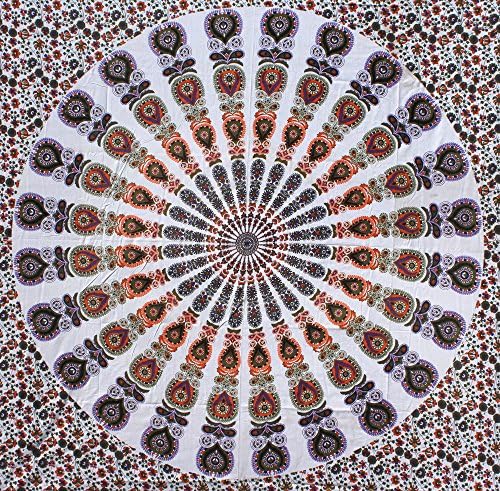 Fairdecor White Blue Orange Peacock Feather Mandala Hippie Tapestry Indian Traditional Throw Beach Throw Wall Art College Dorm Bohemian Wall Hanging