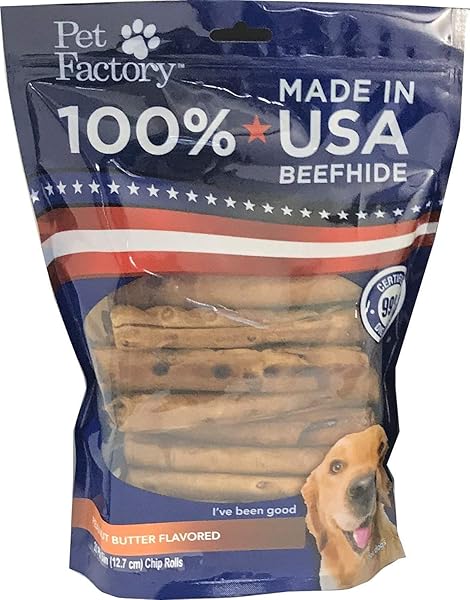 PET FACTORY 78130 BEEFHIDE | DOG CHEWS, 99% DIGESTIVE, RAWHIDES TO KEEP DOGS BUSY WHILE ENJOYING, 100% NATURAL, PEANUT BUTTER FLAVORED ROLLS, PACK OF 20 IN 5″ SIZE, MADE IN USA