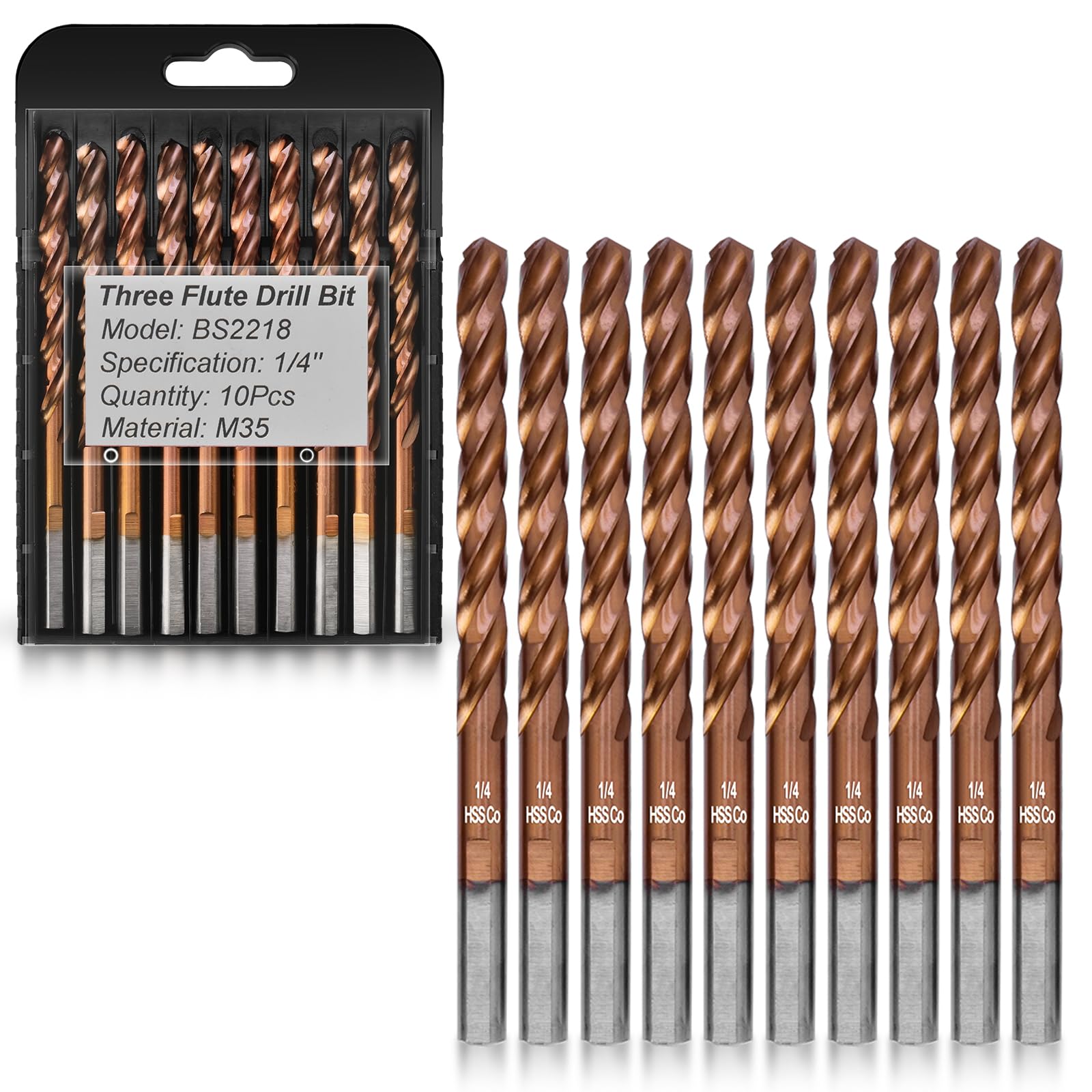 Bestwork 1/4" Three Flute Cobalt Drill Bit Set, M35