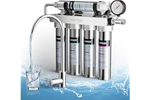 Vortopt Under Sink Water Filter - Stainless Steel Water Filter System, 0.01μm Filtration, 5-Stage Undersink Water Filtration, Reduces Baçtёria, Lead, Chlorine, Bad Taste & Odor, U1