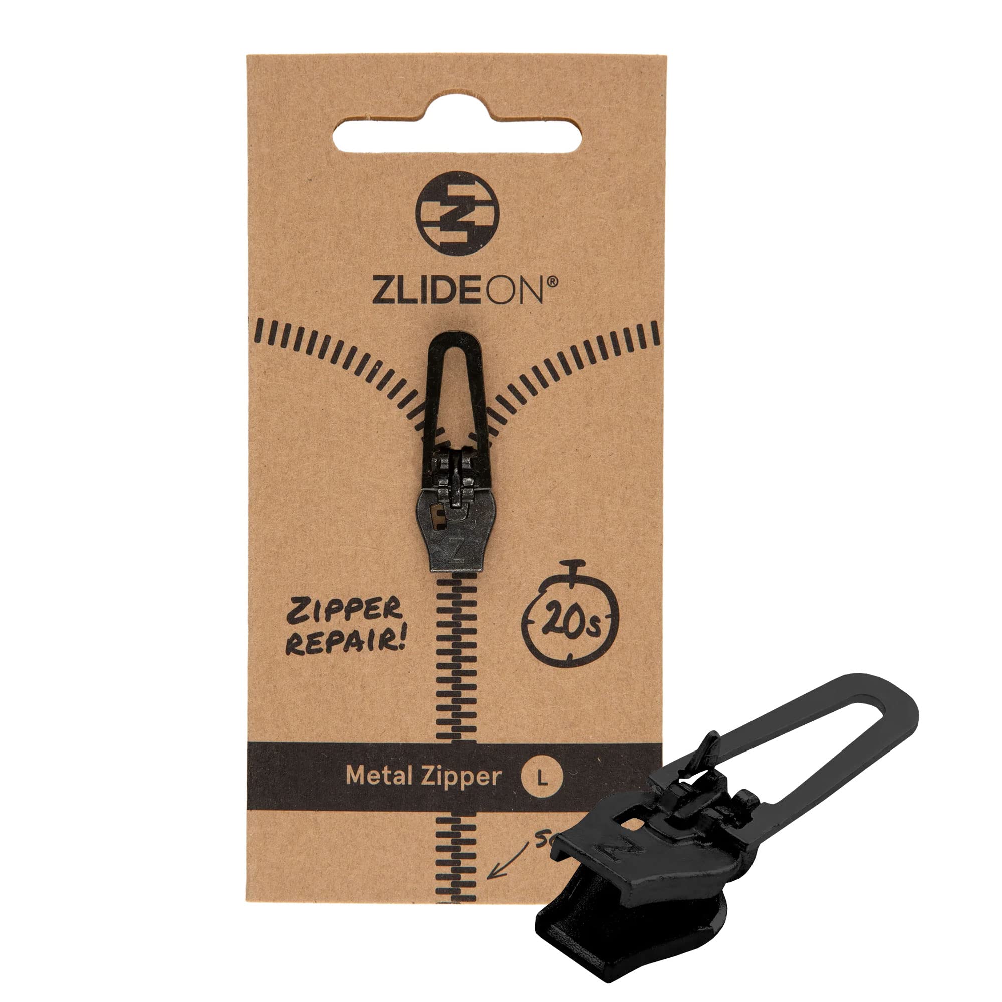 ZlideOn Zipper Pull Replacement - Black, Normal (L) - Instant Zipper Replacement Slider for Metal Zippers