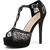 MERUMOTE Women's Peep Toe Platform 5 inch Stiletto Heels Ankle Strap Lace Heels Sexy Prom Shoes