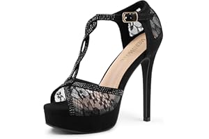 MERUMOTE Women's Peep Toe Platform 5 inch Stiletto Heels Ankle Strap Lace Heels Sexy Prom Shoes
