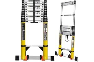 NUNET Telescoping Ladder 18ft/5.6m Aluminum Extension Ladder w. Wheels & Nonslip Block Compact Portable Collapsible Ladder for Home Outdoor Industrial,Load Up 330 lb,Fit in car Trunk