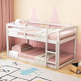 KOMFOTT Low Bunk Bed Twin Over Twin, Solid Wood Bunk Bed Frame with Built-in Ladder &amp; Safety Guardrails, Space-Saving Low Bunk Bed for Kids, Teens, No Box Spring Needed