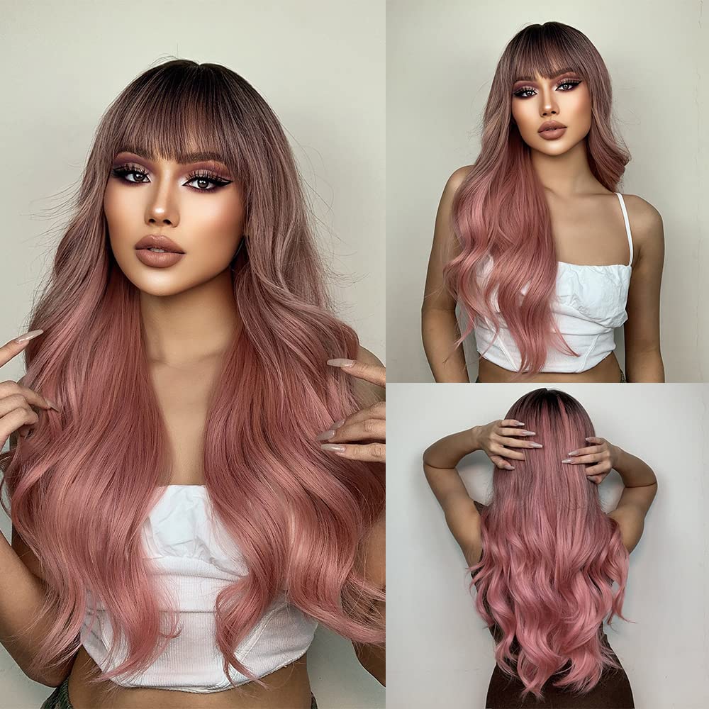 VAIRETY Long Pink Wig with Bangs, 26 inch Long Wavy Bob Wig, Ombre Pink Heat Resistant Synthetic Wigs for Women, Women's Wigs for Daily Party Wear