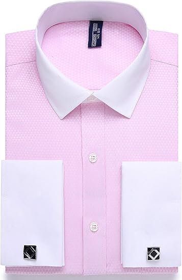 pink dress shirt with white collar and cuffs