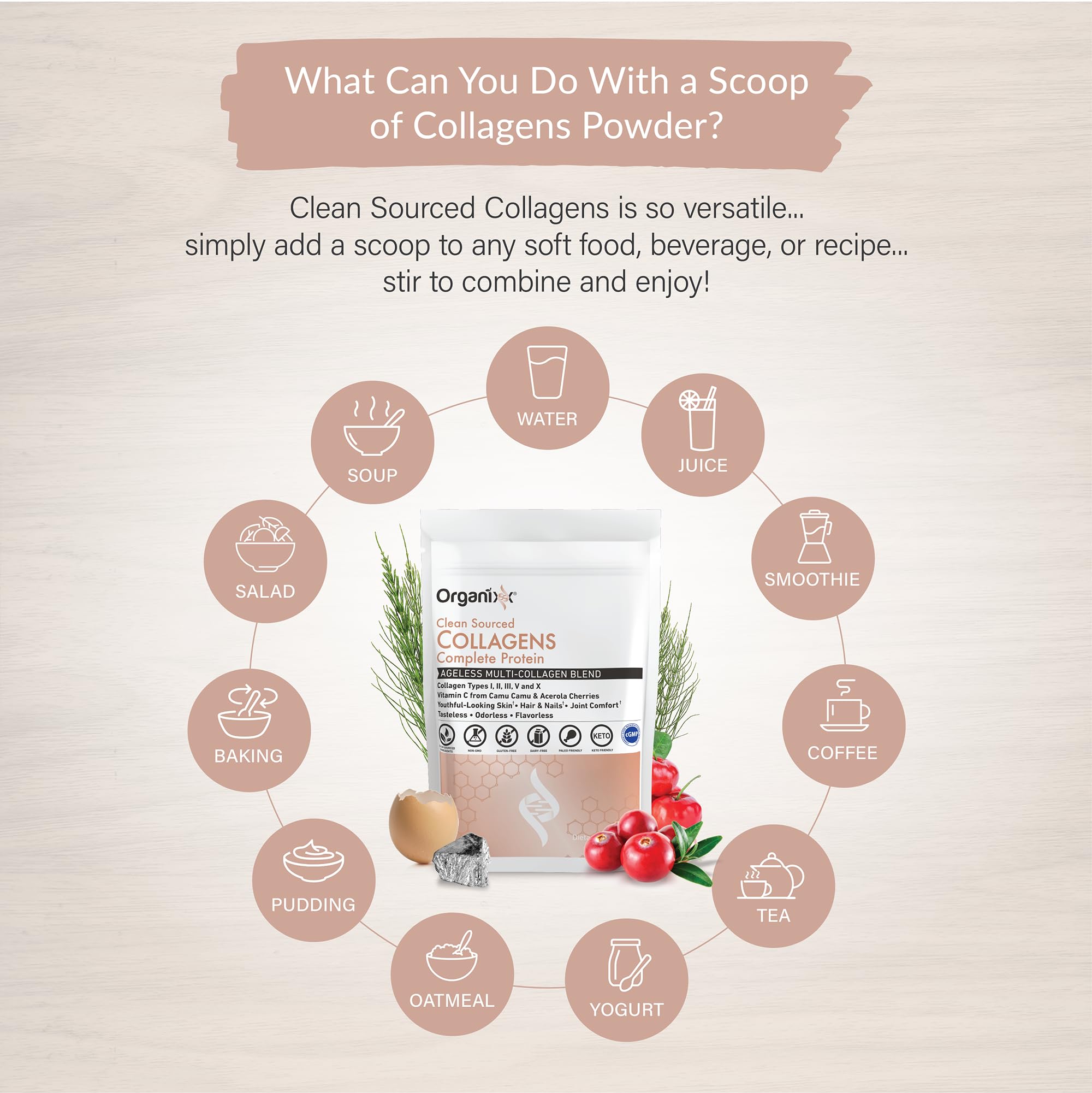 Organixx Collagen Peptides Powder with Vitamin C, Types I, II, III, V, X Hydrolyzed Collagen, Hair, Nail, Skin, Bone & Joint Health, Aging Support, Clean Sourced, Gluten Free, Unflavored, 20 Servings