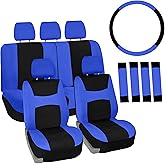 FH Group Full Set Cloth Car Seat Covers , Universal Fit Combo Set with Steering Wheel Cover and Seat Belt Pad for Cars, SUVs and Trucks, Blue