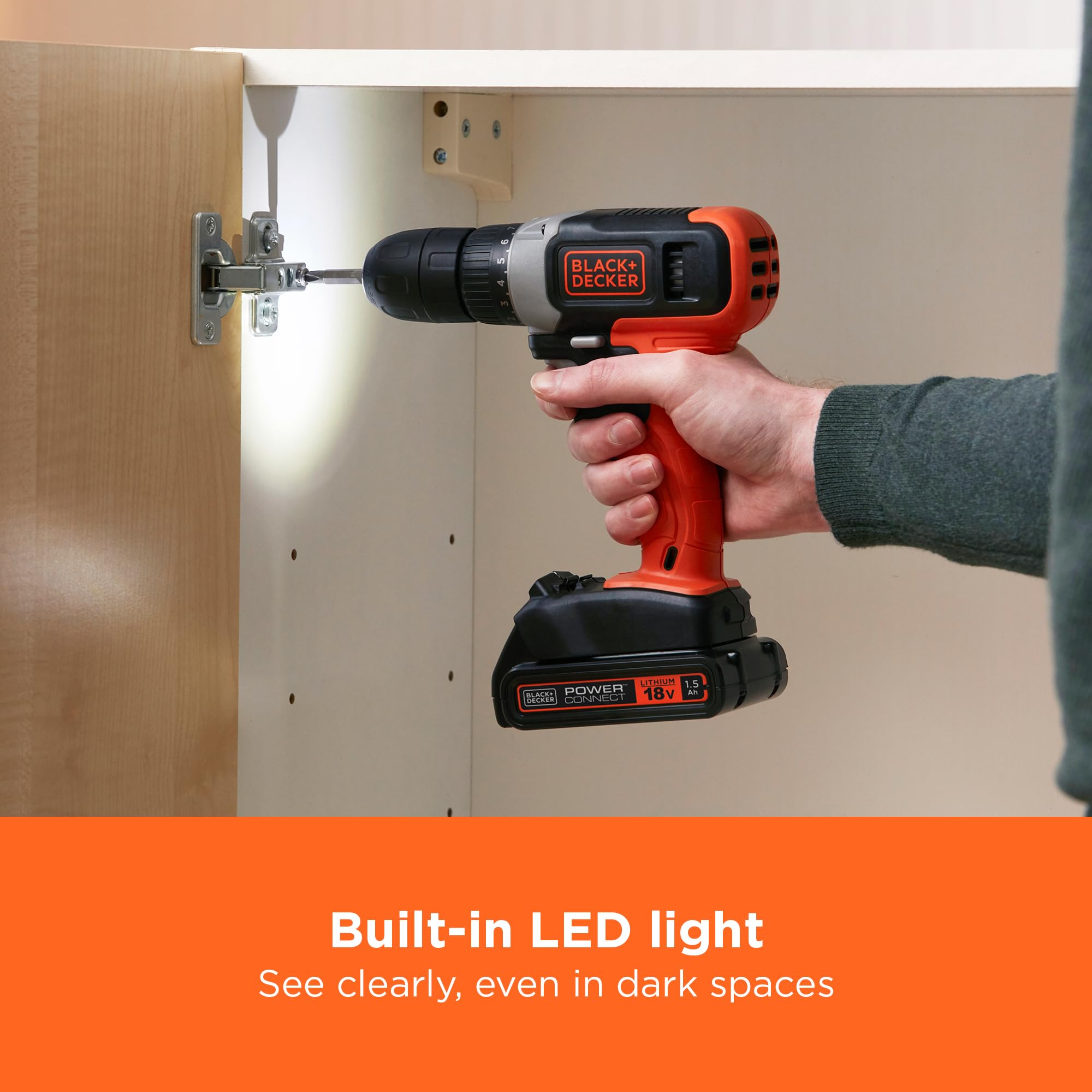 BLACK+DECKER 18V Cordless 37Nm Torque Drill Driver with LED Worklight, 1.5Ah Battery & Charger, BCD001C1-GB