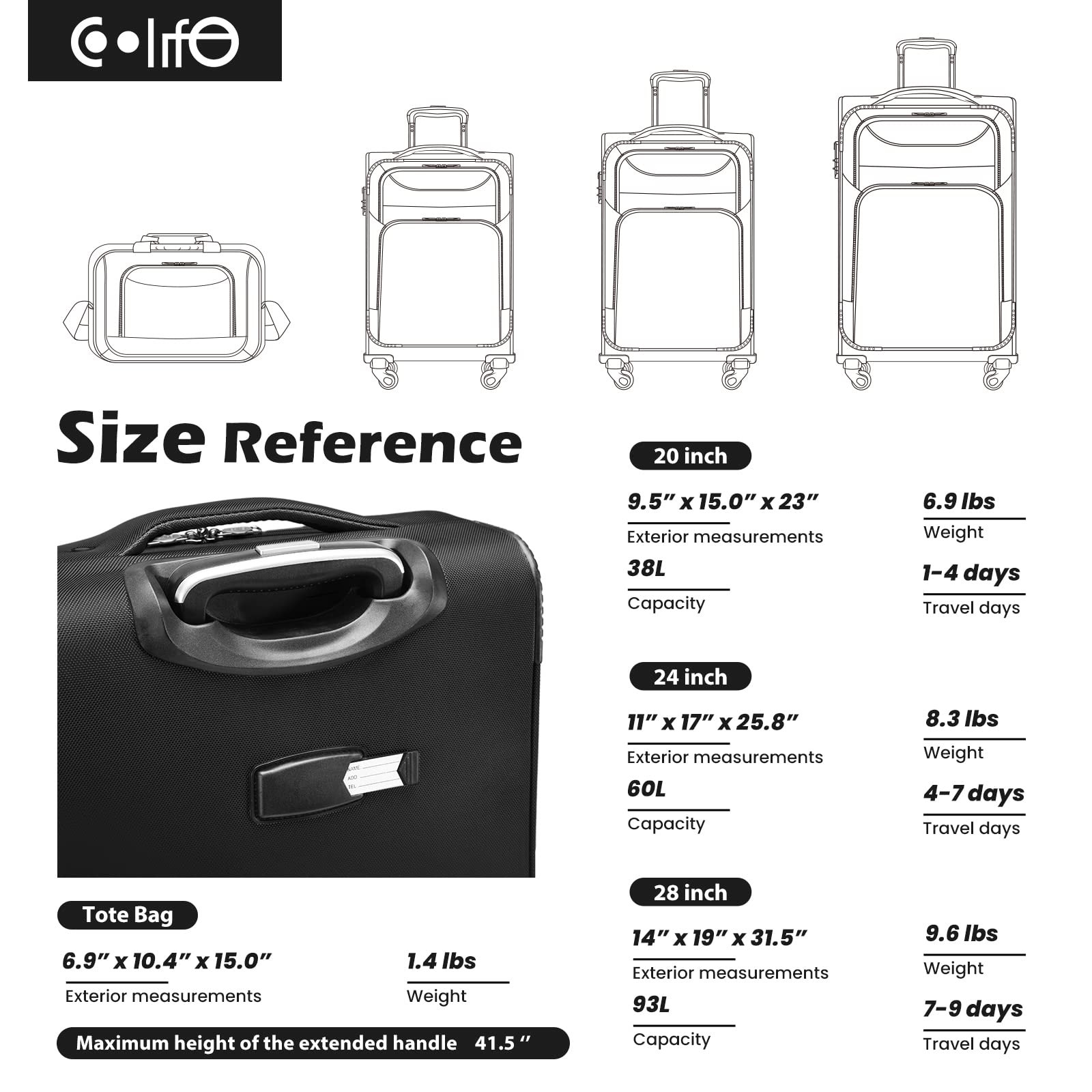 Coolife Luggage 4 Piece Set Suitcase TSA Lock Spinner Softshell lightweight(black+blue)