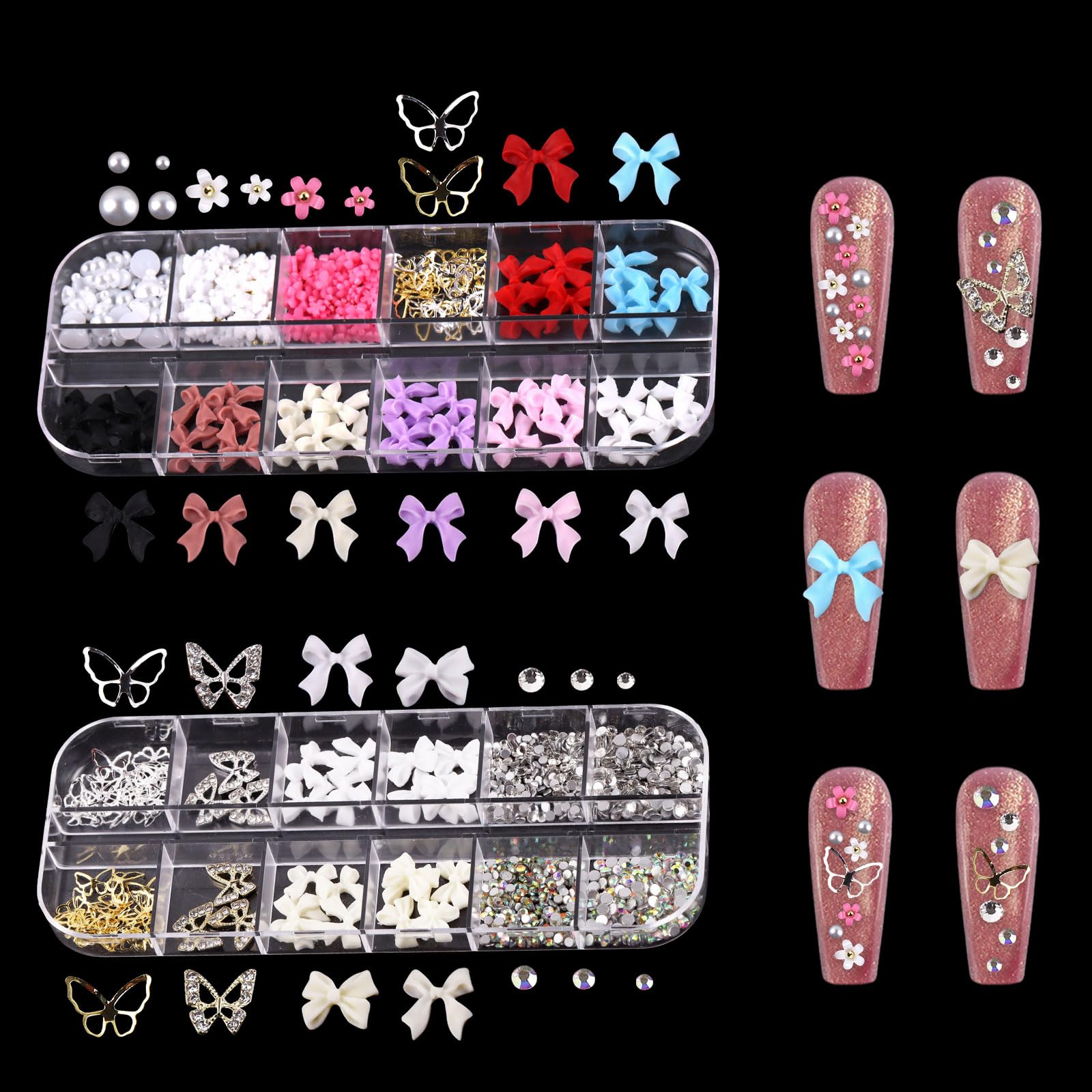 3D Bow Nail Charms, 2 Boxes Pearls Bowknot Flower Nail Jewels Nail Rhinestones Caviar Beads Nail Art Decorations for Nail Design DIY Crafting — image 1