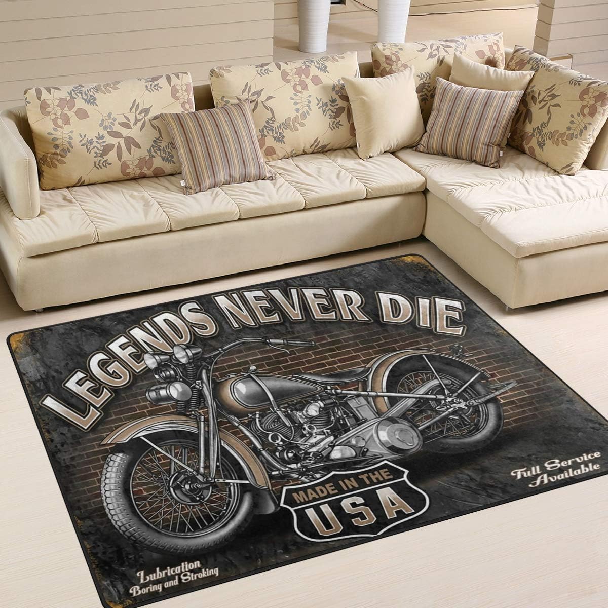 Retro Style Motorcycle Area Rug 5'x 7', Educational Polyester Area Rug Mat for Living Dining Dorm Room Bedroom Home Decorative