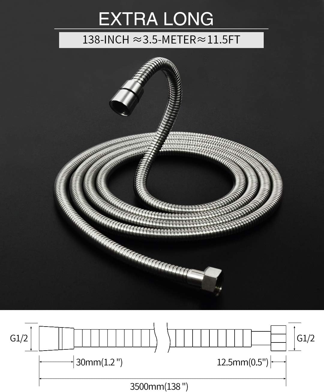 PHASAT 138-Inch Extra Long Shower Hose 304 Stainless Steel Handheld Shower Head Hose Extension, Outdoor Bathroom Tube Sprayer Replacement Hose Brushed Nickel, A3107N-3.5 - - 