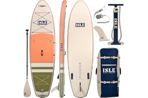ISLE SURF AND SUP ISLE Pioneer Inflatable Stand Up Paddle Board, Incl. Coil Leash, Touring Center Fin, Backpack, Hand Pump, Paddle - Beginner Friendly SUP