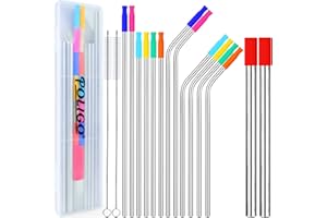 POLIGO 16pcs Reusable Stainless Steel Straws with Silicone Tips, 8.5” 10.5" Metal Drinking Straw Set with Travel Case and Cleaning Brushes, Extra Wide Boba Straws for 20,30 Oz Tumblers and Smoothies