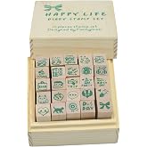 Pack of 25 Pcs Small Green Happy Life Shape Wooden Rubber Stamps with Box for DIY Craft Card and Photo Album (Green)