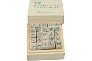 YANSANIDO Pack of 25 Pcs Small Green Happy Life Shape Wooden Rubber Stamps with Box for DIY Craft Card and Photo Album (Green)
