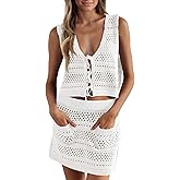 Saodimallsu Womens Crochet Swim Cover Up 2 Piece V Neck Sleeveless Front Tie Crop Tops Beach Mini Skirt Coverup Set