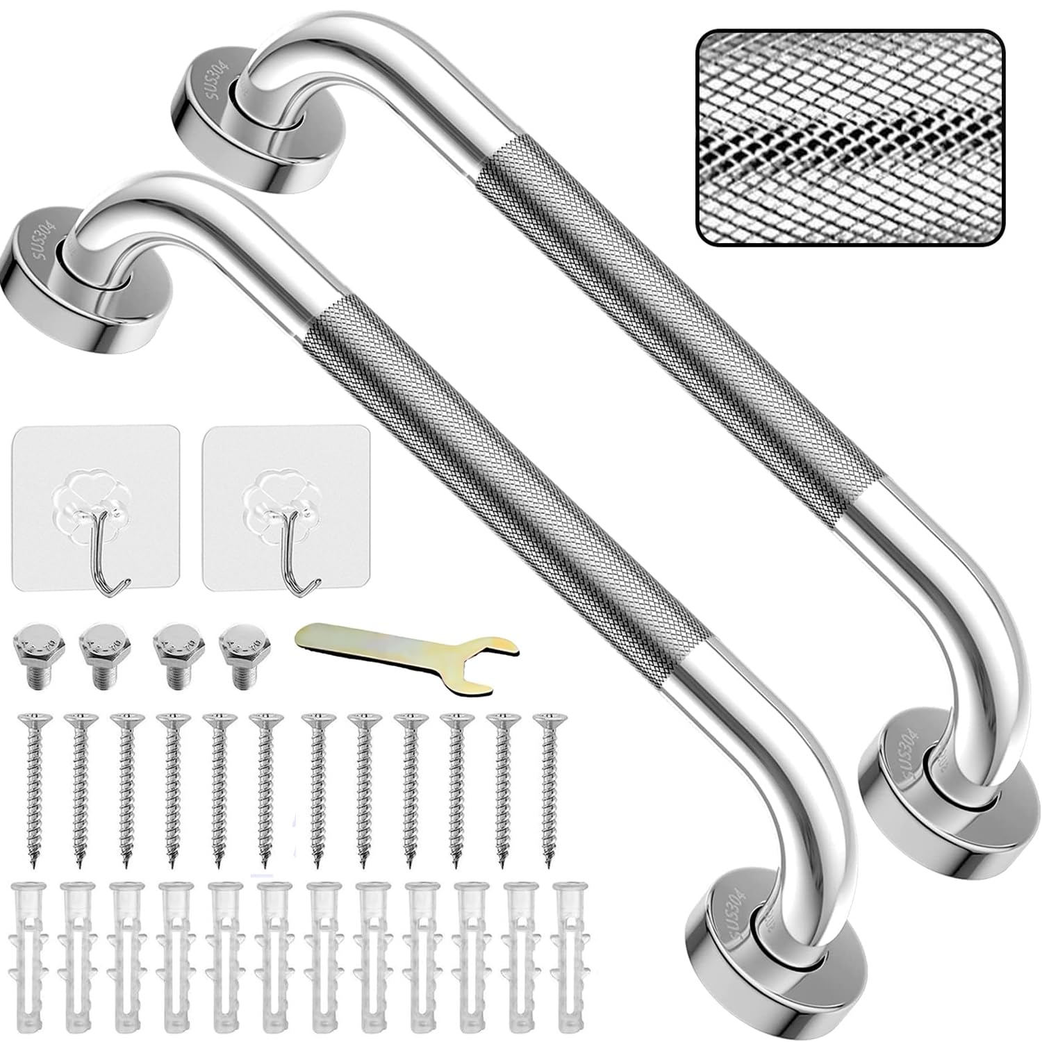 2 Pack 17inch Grab Bar Rail, 304 Stainless Steel Non-Slip Bathroom Chrome Grab Rail, Non-Slip Disability Auxiliary Handle, Safety Handle for Kitchen Bedroom Bathtub, Shower, Steps, Indoor/Outdoor