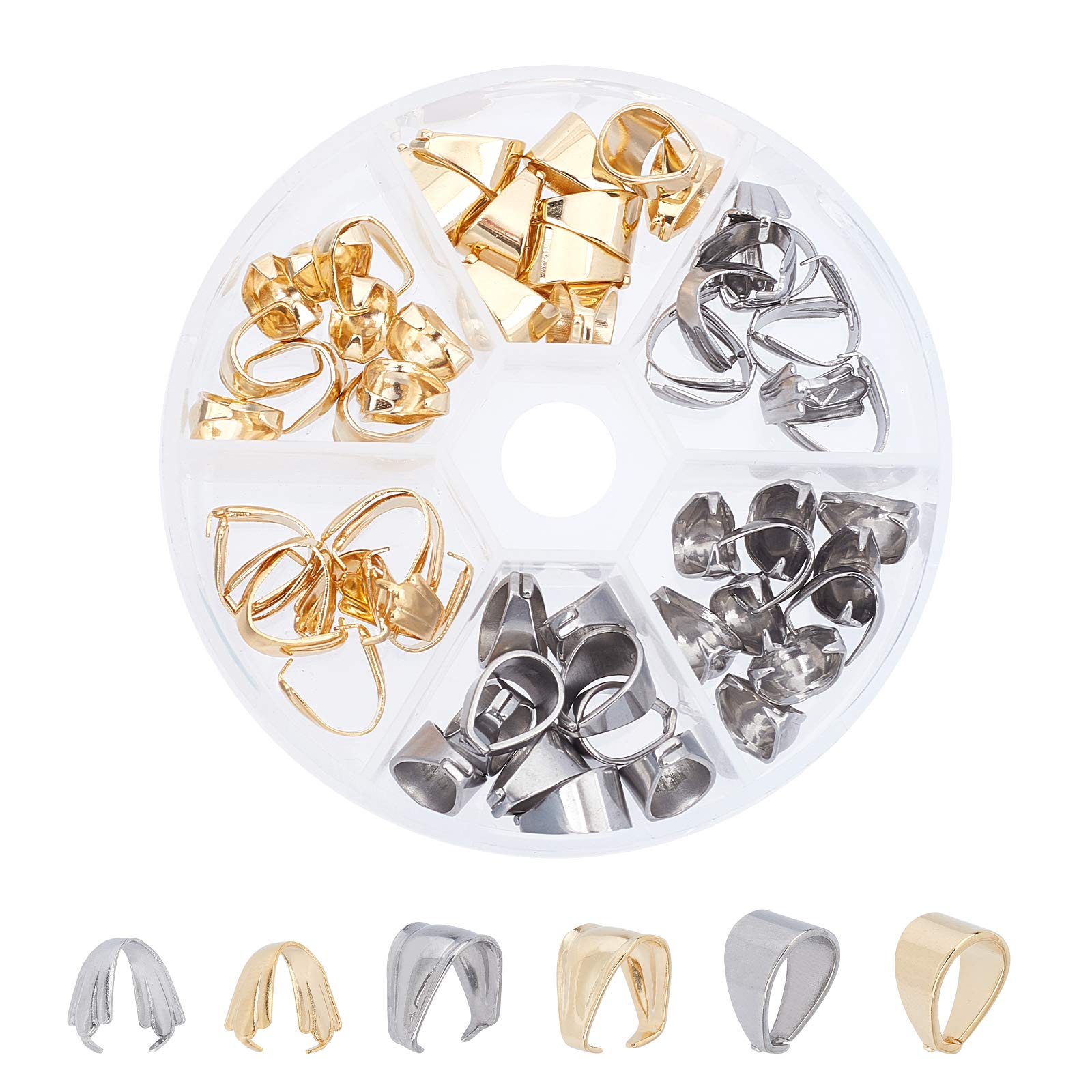UNICRAFTALE 60pcs 3 Sizes Snap On Bails Stainless Steel Pendant Clasps Connectors Golden & Stainless Steel Color Pendant Bails for DIY Dangle Charms Jewelry Making about 9-12mm Long