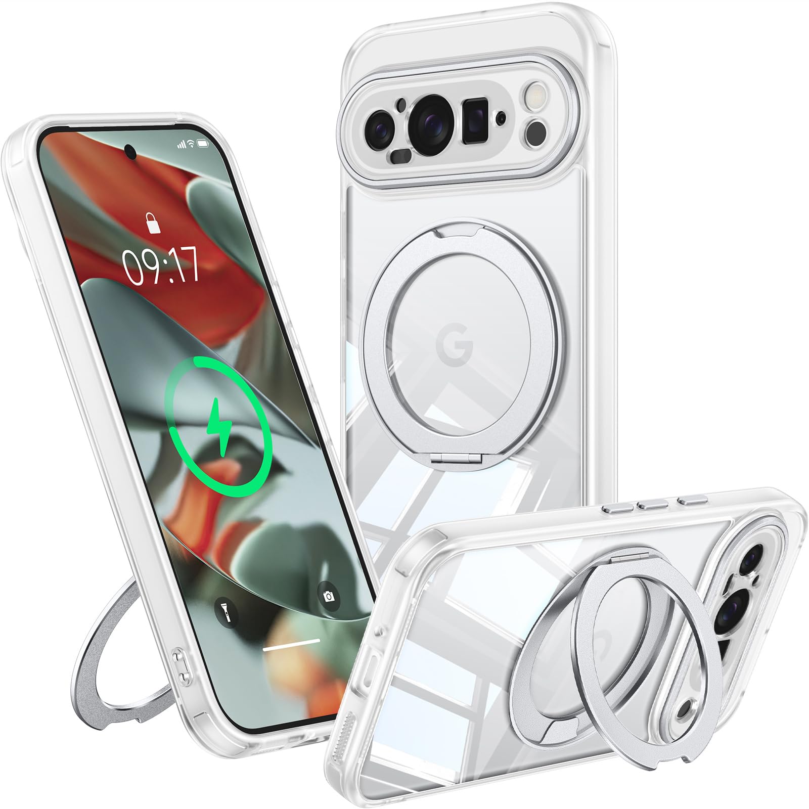 Photo 1 of ?360° Spin Magnetic Stand? Case for Google Pixel 9 Pro XL ?Fit for MagSafe & Pixelsnap? Cover with Ring Holder ?No-Yellow Crystal Clear? Camera Protection Phone Google Pixel 9 Pro XL Case - Clear