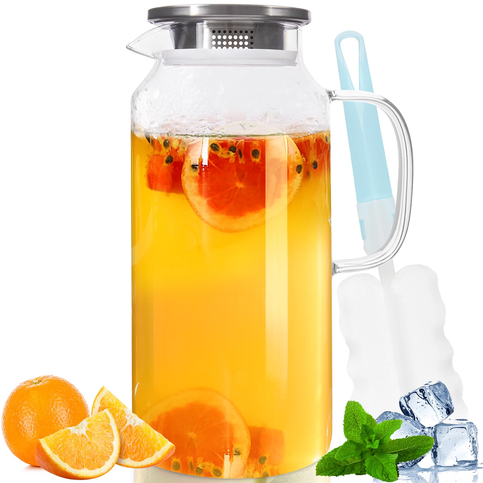 Yirilan Water Jug with Lid, 2.0 Litre Glass Water Jug, Hot and Cold Glass Pitcher Jug, Fridge Water Jug with Cleaning Brush, Water Carafe, Tea Pitcher, Beverage Pitchers