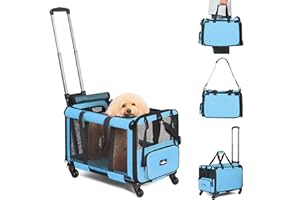 Paw Ballet Large Cat Carrier with Wheels, Foldable Rolling Cat Carrier for 2 Cats with Wheels for Cat Dog Under 30 lbs, Cat Carrier Travel Bag with Large Pocket for Outdoor, Blue