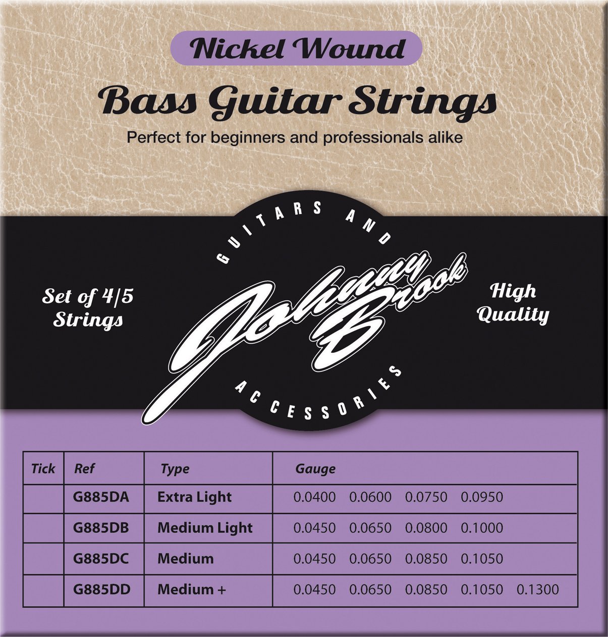 Johnny Brook Set Of 4 Nickel Wound Bass Guitar Strings (Extra Light Gauge)