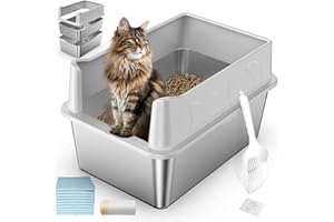 ZUQQONY Stainless Steel Sifting Litter Box, 23.6" L x 15.7" W x 13" High Sided Metal Sifting Cat Litter Box for Pine Pellets, Enclosed Sifting Box with Lid, Anti-Leakage, Easy Clean for Big and Multiple Cats