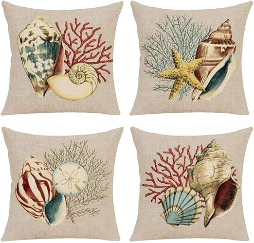 Amazon Com 4 Pack Decorative Coral And Sea Shells Throw Pillow