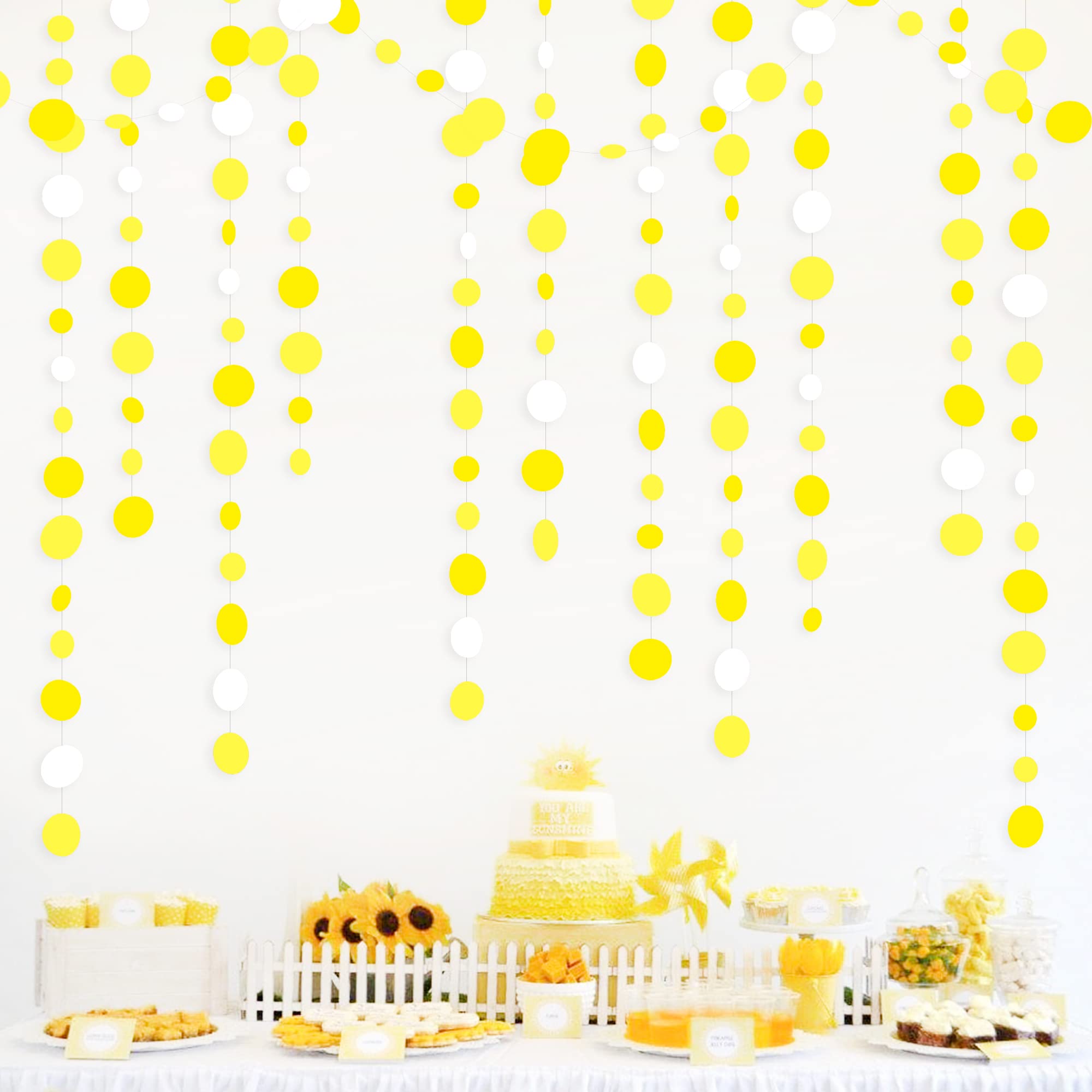 46Ft Yellow White Circle Dots Garland Party Decorations Hanging Paper Polka Dot Streamer for Birthday Bachelorette Engagement Wedding Baby Bridal Shower Anniversary Holiday Home Kids Room Nursery