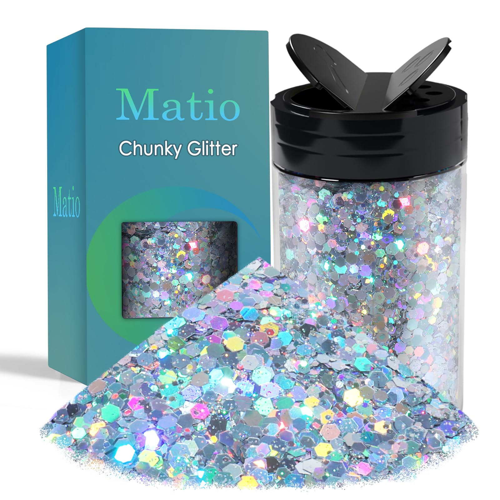 Matio Holographic Chunky Glitter, 7.8oz/220g Deluxe Silver Craft Glitter for Resin Chunky Nail Flake Sequin Mixed Fine Glitter Powder Bulk Holographic Glitter for Nails Tumbler Cosmetic Festival Decor