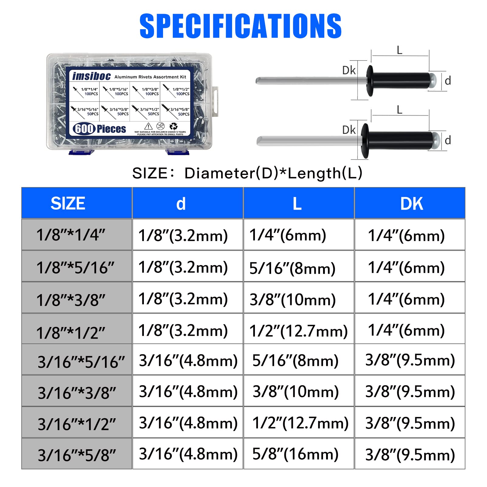 600PCS Black Pop Rivets, 8 Sizes of Aluminum Blind Rivets Assortment Kit（1/8