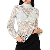 Women's Long Sleeve Floral Lace Top Sexy See Through High Neck Slim Fitted T Shirt Y2k Going Out Sheer Blouse