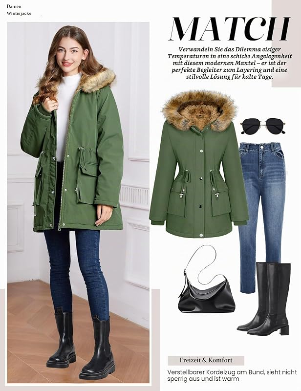 Damen Wintermantel Parka Fleece Gefüttert Winterjacke (Grün, L)