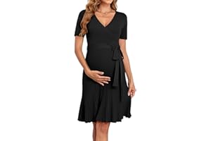 V FOR CITY Maternity Dress Baby Shower Dresses for Women Casual Pleated A Line Waistband Short Sleeve V Neck Knit Summer S-XL