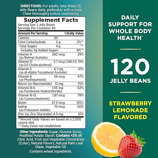 NATURE’S BOUNTY MULTI JELLY BEANS, WITH ZINC, BIOTIN, VITAMINS A, D, E, K, DAILY SUPPORT FOR WHOLE BODY HEALTH, STRAWBERRY-LEMONADE FLAVOR, 120 COUNT