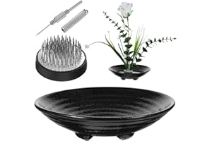 NODAAIIE Japanese Ikebana Kit, Ceramic Bowl Vase, Floral Frog Flower Container with Kenzan Needle Straightening Tool, 6.7 Inch & 1.57 Inch Black for Floral Arrangement Art, Home Office Decor
