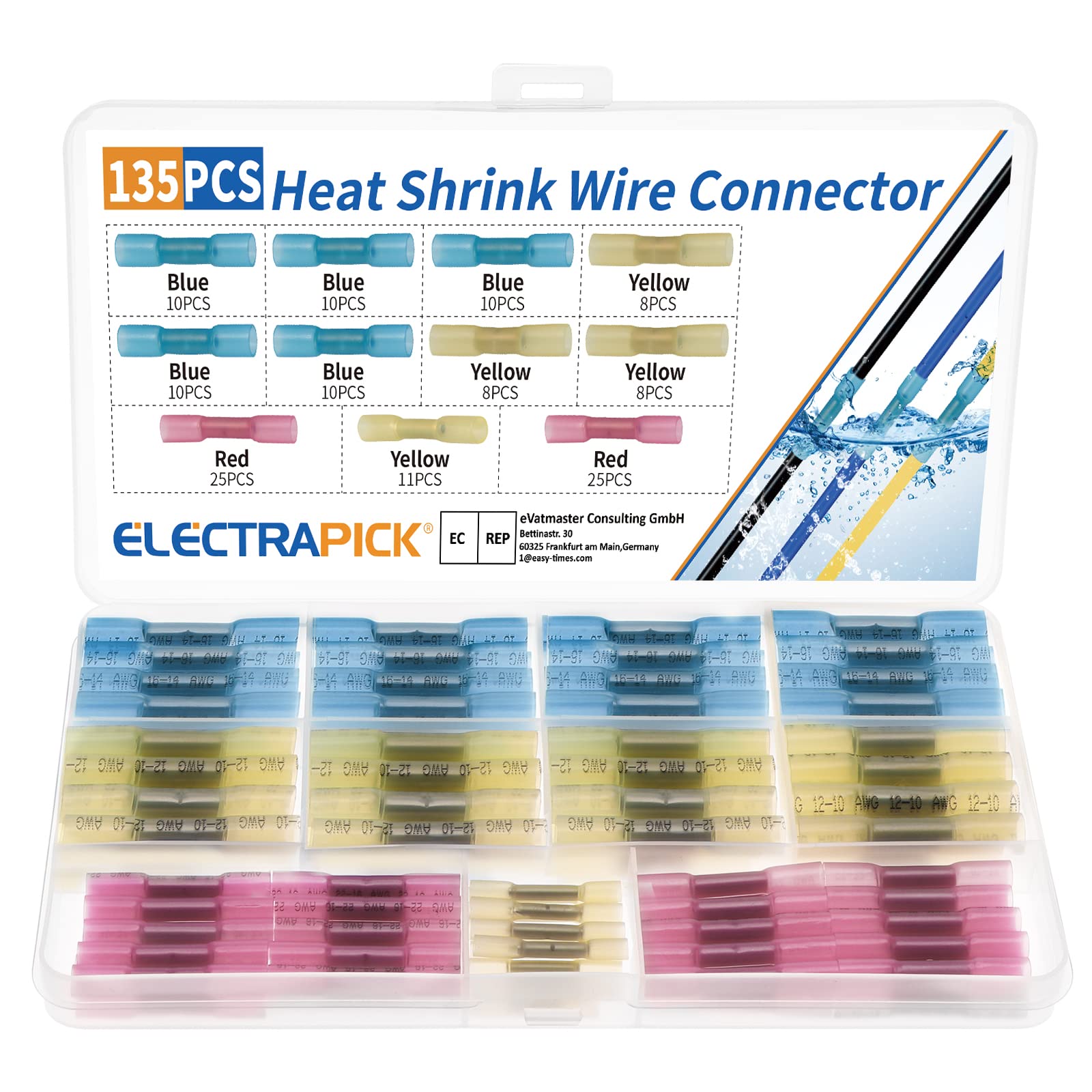 electrapick 135 PCS Heat Shrink Wire Connectors, Waterproof Marine Automotive Grade Terminal Set Electrical Wire Crimp Connector Assortment 10-22 AWG with case