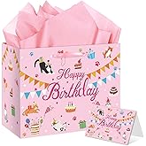 HSKMAKE Cat Birthday Gift Bag for Girls, Pink Happy Birthday Gift Bag with Card, Tissue Paper for Baby Shower, Cat Lovers Bday Christmas Party Decorations Supplies