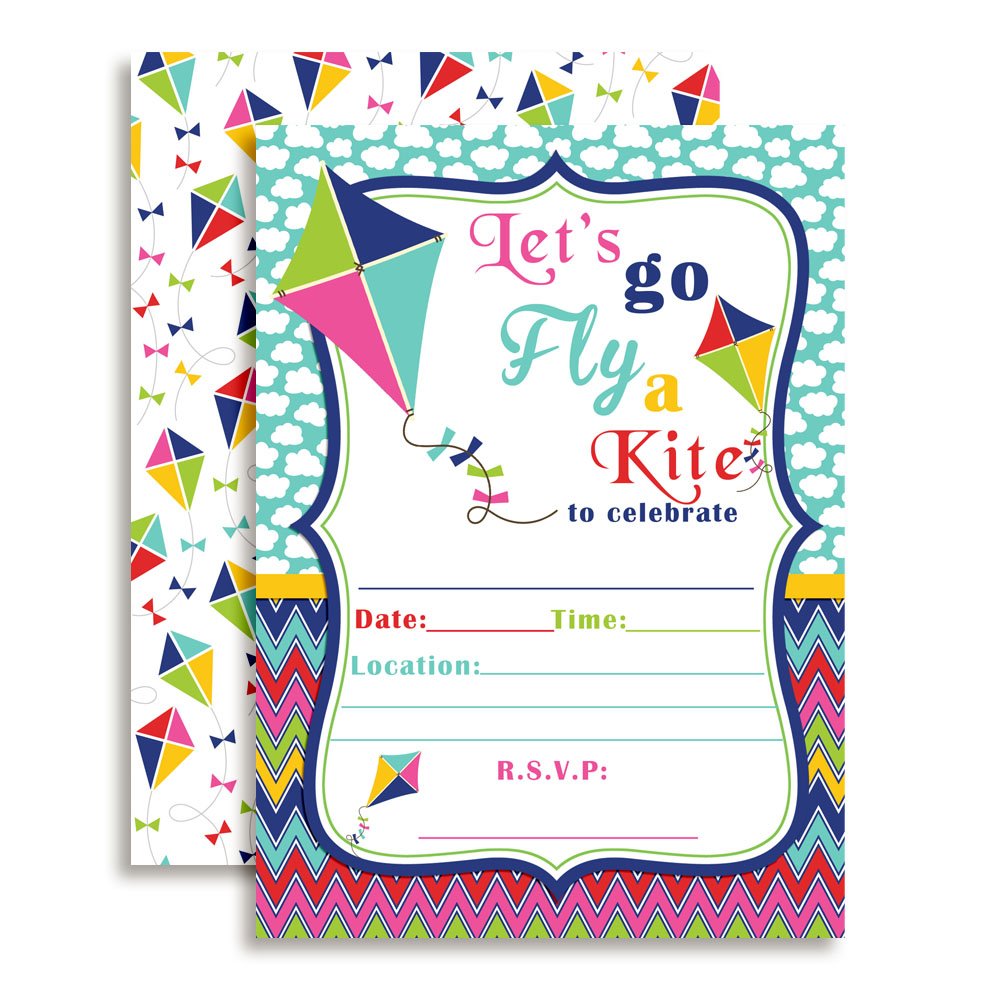 Amanda Creation Kite Flying Birthday Party Fill in Invitations Set of 20 Cards and Envelopes.
