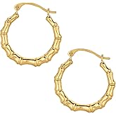10k Yellow Gold Shiny Bamboo Round Hoop Earrings, Diameter 18mm